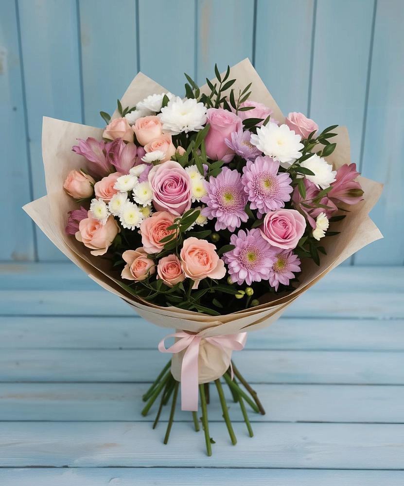 Букет цветов из: Хризантемы, Розы и Альстромерии в Приволжском Саратовской области