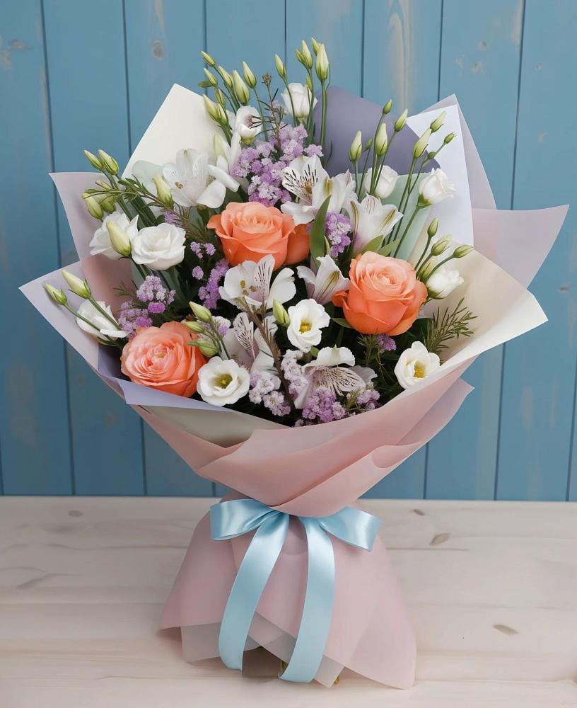 Букет цветов из: Лизиантусы, Розы, Альстромерии и Гипсофила в Приволжском Саратовской области