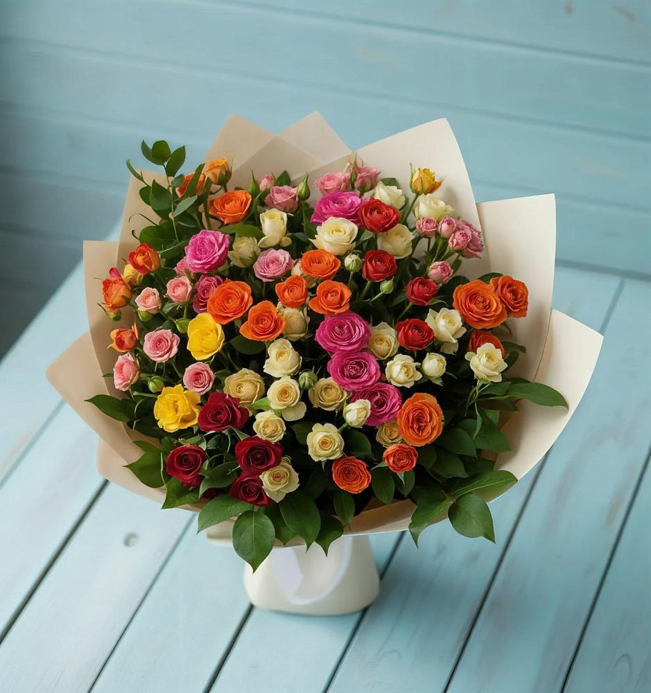 Букет Микс из разноцветных кустовых роз в Приволжском Саратовской области