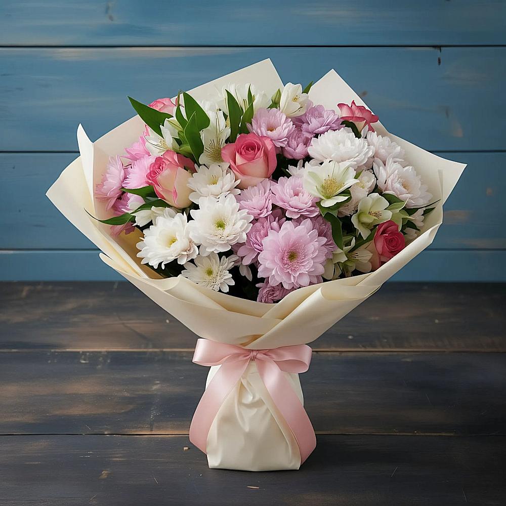 Букет цветов из: Хризантемы, Альстромерии и Розы в Приволжском Саратовской области